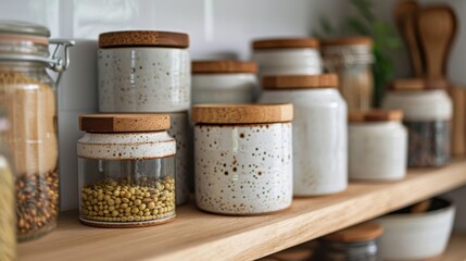 A set of ceramic food containers with airtight lids, keeping dry goods fresh on a kitchen shelf