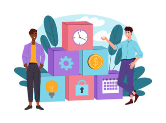 Pyramid of workflow parts. Men near cubes with coin, light bulb, lock and gear. Infographics for business. Organizing efficient work process. Flat vector illustration isolated on white background