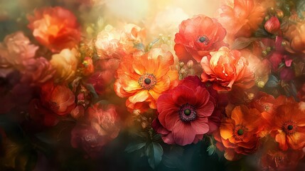 A dynamic abstract of flowers bursting forth in radiant colors, with intricate patterns and layered textures creating depth.