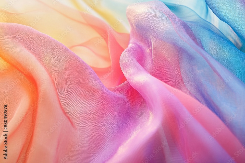 Poster aerial view of vibrant iridescent fabrics in a symmetrical geometric pattern, highlighting intricate