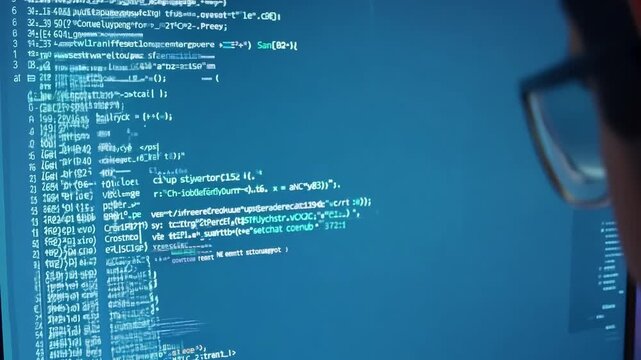 Tech professional reviewing code on computer screen in office setting