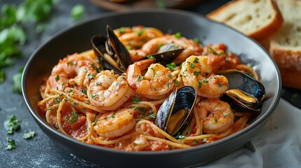 Fototapeta premium hearty bowl of seafood pasta, featuring shrimp, mussels, and scallops mixed with a rich tomato sauce, presented with a side of garlic bread and a clean backdrop for culinary text