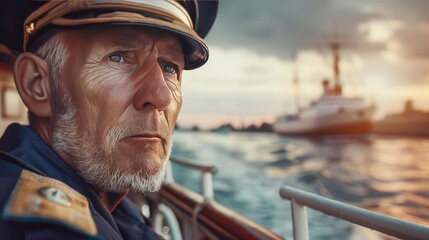 Fototapeta premium Experienced ship captain on deck, gazing at the sea with a distant ship in the background, bathed in warm evening light.