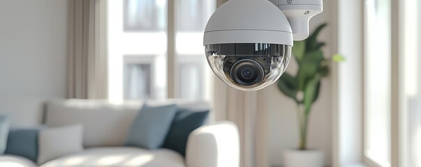 Smart home setup with a sleek security camera in a bright living room, capturing the intersection of technology and comfort, highly detailed