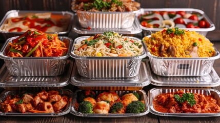 Fototapeta premium A stack of takeaway food containers filled with a variety of meals, ready for delivery