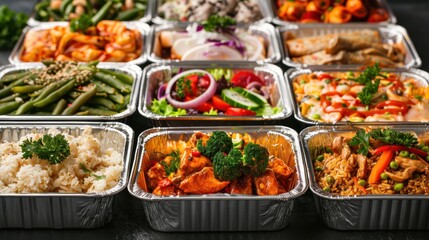 A stack of takeaway food containers filled with a variety of meals, ready for delivery