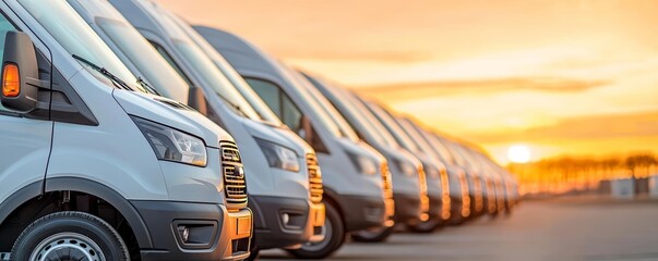 Fleet of logistic vans lined up against a vibrant sunset sky, creating a serene yet powerful scene, detailed and atmospheric