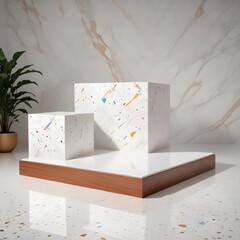 Terrazzo and wood minimal product presentation marble background