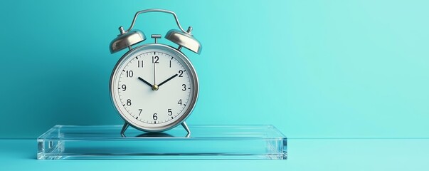 Retro silver alarm clock with an antique face set against a bold blue background