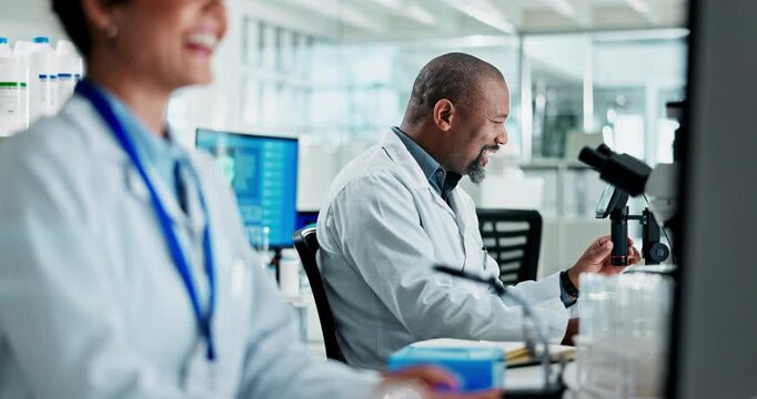 People, scientist and happy with microscope or computer at lab for science research and investigation. Employees, teamwork and collaboration with smile for drug trial, medical virus and biology