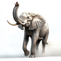 Obraz premium A majestic elephant with a raised trunk, symbolizing strength and grace, moves gracefully through a misty landscape.