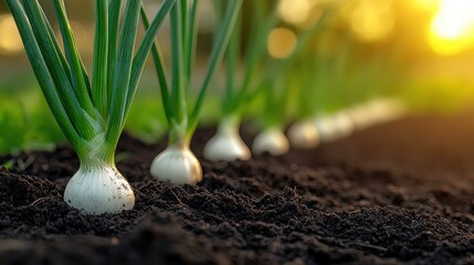 Fresh green onions growing in rich, dark soil, emphasizing their natural origins and readiness for harvest, with room for adding gardening or cooking information.