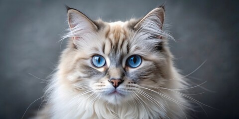 Fototapeta premium Blue eyed fluffy coat kitty cat with adorable whiskers and blue eyes, a cute feline pet