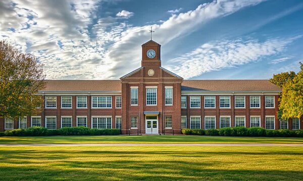 Traditional Brick School Building with Clock Tower