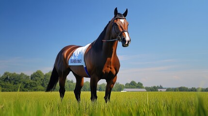 A majestic horse stands gracefully in a vibrant green field under a clear blue sky, showcasing its strength and elegance.