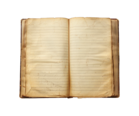 Open vintage book top view copy space for text isolated on transparent background cutout PNG