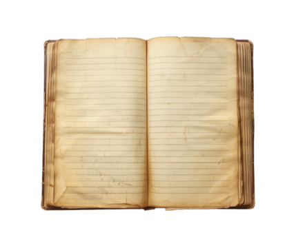 Open vintage book top view copy space for text isolated on transparent background cutout PNG