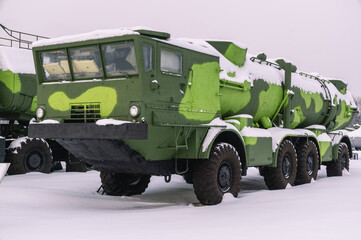 A Soviet all - terrain vehicle for transporting strategic weapons among snowdrifts . Military...