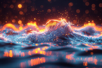 A mesmerizing abstract technology background featuring a dynamic water splash, illuminated by neon flares, and enhanced with 3D rendering, creating a captivating representation of big data and cyber t