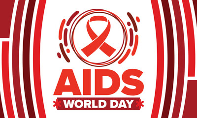 World Aids Day. Red ribbon symbol. Awareness and prevention hiv. Medical healthcare concept. Human support and protection. Celebrated annual in December 1. Poster, banner and background. Vector