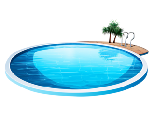 a pool with a palm tree and a ladder