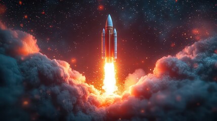 sleek animation of a rocket taking off in a virtual setting, with vibrant colors and motion trails, perfect for illustrating the excitement and complexity of space travel