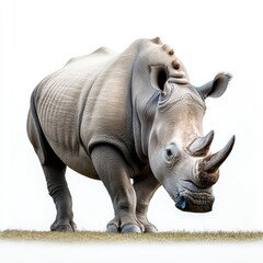 Fototapeta premium A majestic rhinoceros stands confidently, showcasing its impressive body and unique horn against a minimalist backdrop.