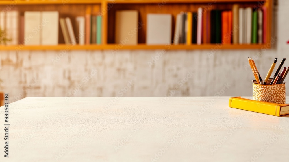 Poster tranquil morning study scene empty white stucco table in peaceful library with soft natural light an