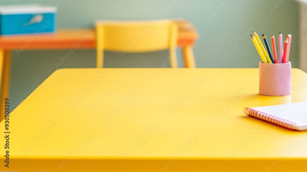 Poster serenity in the classroom tranquil yellow stucco table with notebooks and pencil holder in a peacefu