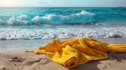 A yellow beach towel spread out on the sand, with the ocean waves in the background