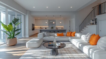 open-plan loft with a seamless flow between the living, dining, and kitchen areas, showcasing contemporary furnishings and a bright, airy atmosphere