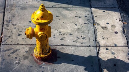 A yellow fire hydrant on a city sidewalk, casting a long shadow in the afternoon sun