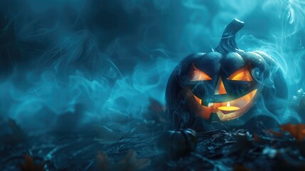 A spooky Halloween pumpkin surrounded by mist and autumn leaves creates an eerie atmosphere.