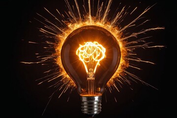 Brightly glowing light bulb surrounded by sparks on black background