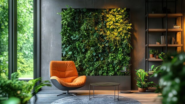 loft with indoor plants and green walls, creating a refreshing, natural environment within an urban setting