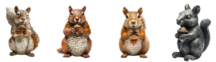 Fototapeta premium Set of A squirrel statue holding an acorn isolated on transparent background.