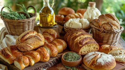 An assortment of artisan breads arranged on a table with olive oil and herbs
