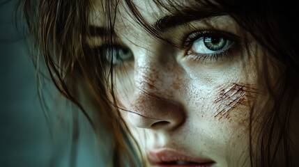 close-up of a face with visible scratches and abrasions, highlighting the impact of a minor accident or altercation