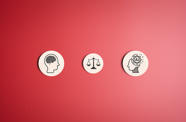 A.I. technology morals and ethics on a red background. The balance between humans and AI. Create art generate content impact, and be responsible for using work in machine learning for human work.
