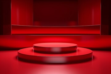 Obraz premium Red Podium Background, Red 3D Podium Stage, Podium Background, Product Display Stand, 3D Podium For Product Display, Cosmetic Podium, Empty Red Podium Pedestal, AI Generative