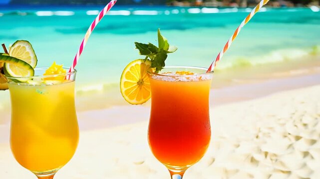 Colorful tropical cocktails on a beach in the late afternoon sun