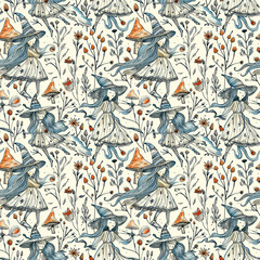 Obraz premium Seamless Halloween Witch Pattern with Whimsical Witches, Flowers, and Mushrooms in Vintage Style