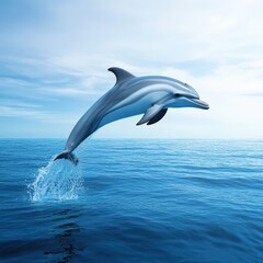 Obraz premium A playful dolphin leaps through the calm ocean waters under a bright blue sky, showcasing its grace and agility.