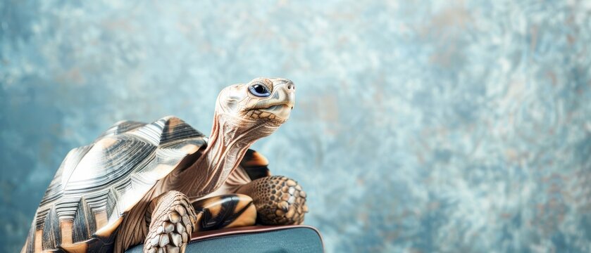 A curious turtle perched on a colorful surface, showcasing its intricate shell pattern against a soft blue backdrop.