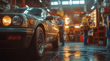 A car parked on the task in automotive garage