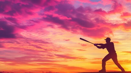 A silhouetted baseball player swings a bat against a vibrant sunset sky.