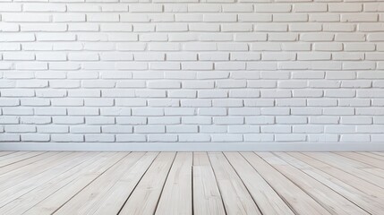 Fototapeta premium Urban interior with a white brick wall, spacious empty wooden floor, ideal for modern living spaces, design projects, or artistic backdrops, inviting creativity and versatility.