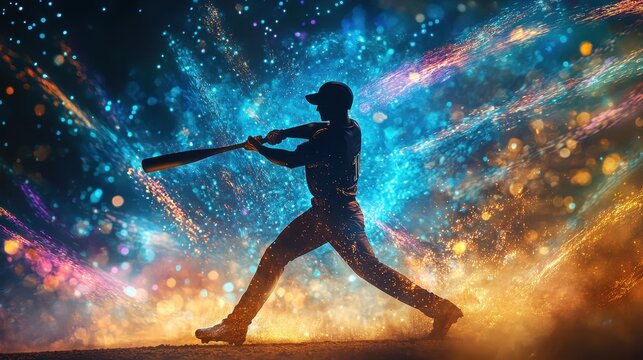 A silhouetted baseball player swinging a bat amidst colorful, dynamic light effects.