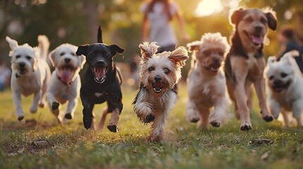 Group of dogs playing together in a park, showcasing their playful nature and diverse breeds.