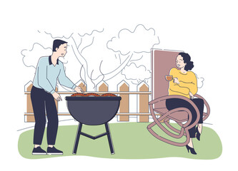 Couple sitting in backyard. Man and woman eat grilled meat in garden. Barbecue and bbq. Family spending time together outdoors. Linear vector illustration isolated on white background